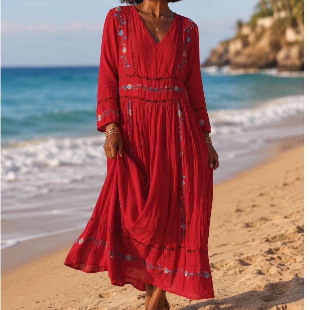 NWT Called to Surf Brass & Row Boho Dress M Tiered Embroidered Orange Maxi